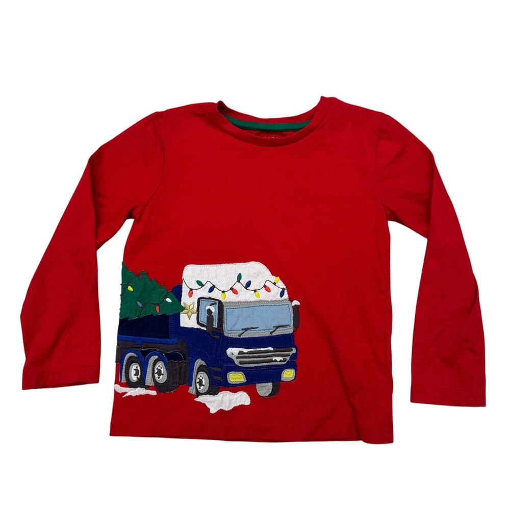 MINI BODEN Christmas Tree Semi Truck Appliqué Red Long Sleeve Tee Size 3-4 Kids
